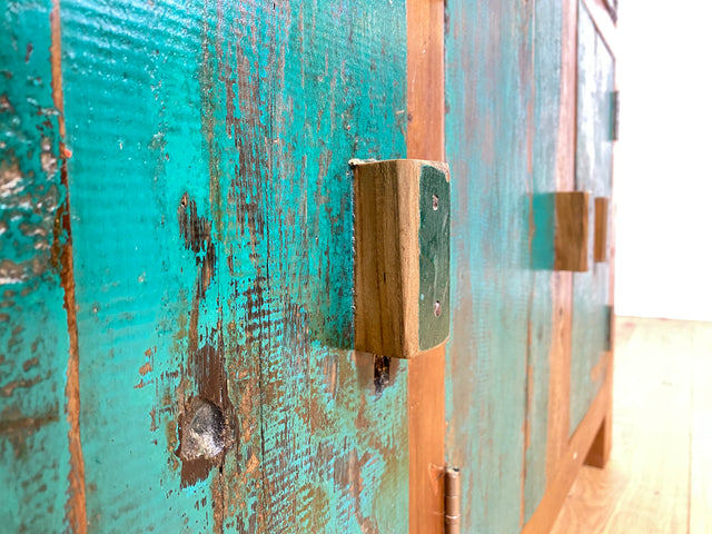 Boatwood by WMK I Besonders schönes grünes Sideboard handgefertigt aus altem Bootsholz I Teakholz massiv I Schrank Kommode Anrichte Büfett Buffet Wäschekommode Fernsehkommode Berlin Bremen Hessen