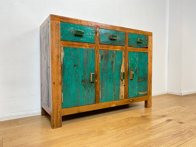 Boatwood by WMK I Besonders schönes grünes Sideboard handgefertigt aus altem Bootsholz I Teakholz massiv I Schrank Kommode Anrichte Büfett Buffet Wäschekommode Fernsehkommode Berlin Bremen Hessen