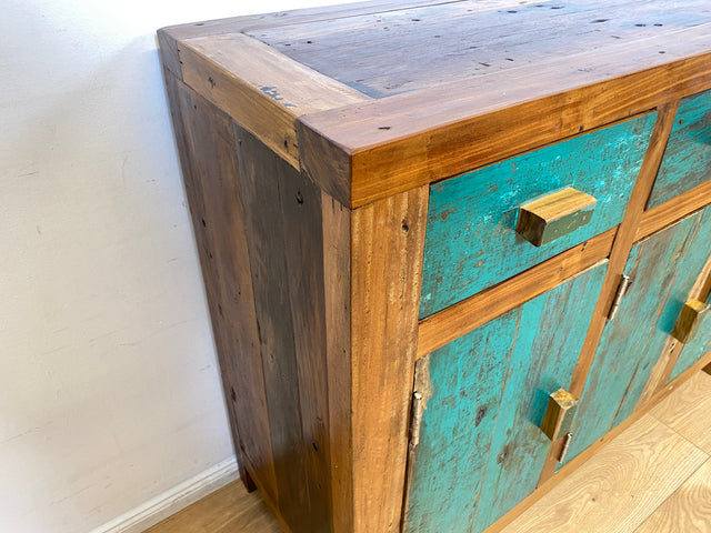 Boatwood by WMK I Besonders schönes grünes Sideboard handgefertigt aus altem Bootsholz I Teakholz massiv I Schrank Kommode Anrichte Büfett Buffet Wäschekommode Fernsehkommode Berlin Bremen Hessen