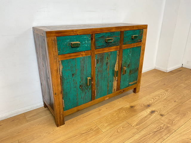 Boatwood by WMK I Besonders schönes grünes Sideboard handgefertigt aus altem Bootsholz I Teakholz massiv I Schrank Kommode Anrichte Büfett Buffet Wäschekommode Fernsehkommode Berlin Bremen Hessen