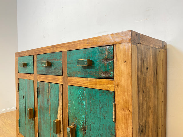 Boatwood by WMK I Besonders schönes grünes Sideboard handgefertigt aus altem Bootsholz I Teakholz massiv I Schrank Kommode Anrichte Büfett Buffet Wäschekommode Fernsehkommode Berlin Bremen Hessen