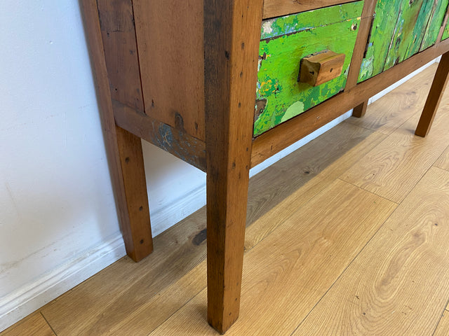 Boatwood by WMK # Einzigartiges grünes Sideboard mit Schubladen, ein aus altem Bootsholz handgefertigtes Unikat aus massivem Teakholz # Schrank Kommode Schubladenkommode Flurkommode Konsole Teak Köln
