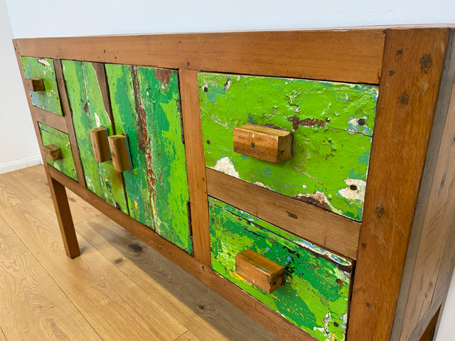 Boatwood by WMK # Einzigartiges grünes Sideboard mit Schubladen, ein aus altem Bootsholz handgefertigtes Unikat aus massivem Teakholz # Schrank Kommode Schubladenkommode Flurkommode Konsole Teak Köln
