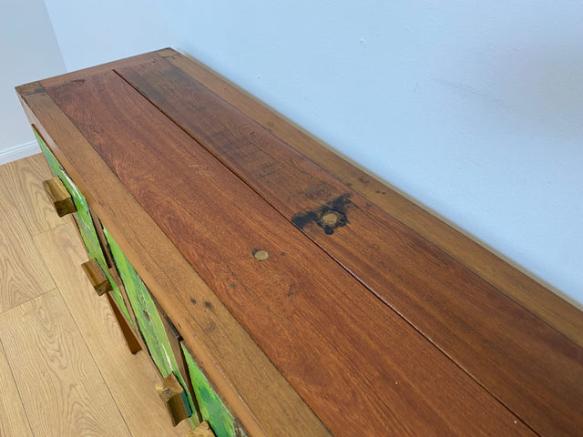 Boatwood by WMK # Einzigartiges grünes Sideboard mit Schubladen, ein aus altem Bootsholz handgefertigtes Unikat aus massivem Teakholz # Schrank Kommode Schubladenkommode Flurkommode Konsole Teak Köln