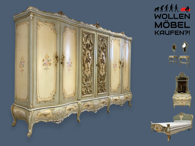 WMK I Das Highlight I Prunkvoller handbemalter und reichverzierter Kleiderschrank im Stile des Rokoko I Italien 1930–1950 I Schrank Schlafzimmerschrank Wardrobe Schlafzimmer Barock Louis-XV Vintage