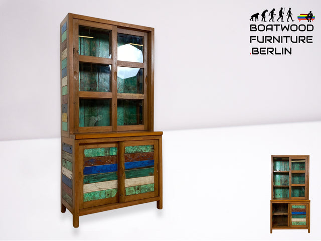 Boatwood by WMK I Einzigartige handgefertigte Vitrine aus altem Bootsholz mit Schiebetüren I Regal Büchervitrine Bücherregal Bücherschrank Highboard Geschirrschrank Küchenschrank Bremen Passau Köln