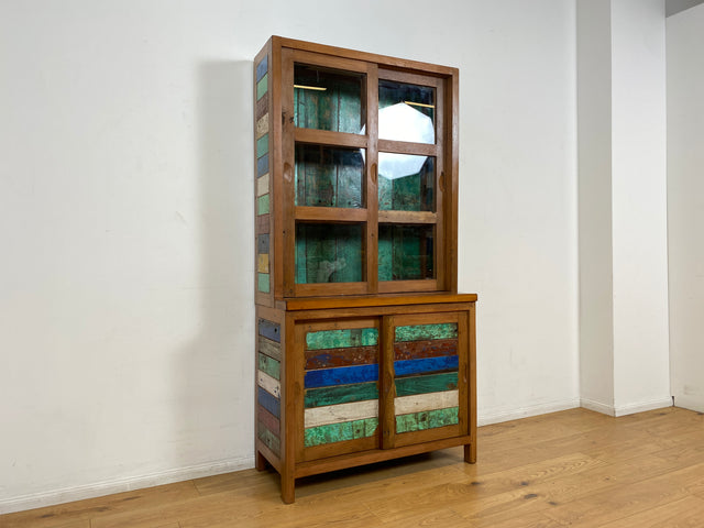 Boatwood by WMK I Einzigartige handgefertigte Vitrine aus altem Bootsholz mit Schiebetüren I Regal Büchervitrine Bücherregal Bücherschrank Highboard Geschirrschrank Küchenschrank Bremen Passau Köln