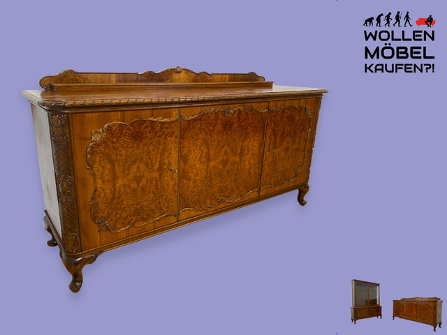 WMK I Hochwertige handverzierte Stilmöbel Anrichte im antiken Stil I Vollholz in Nussbaum Wurzelholz I Schrank Büfett Buffet Sideboard Kommode Barock Rokoko Chippendale Vintage Berlin Dresden München