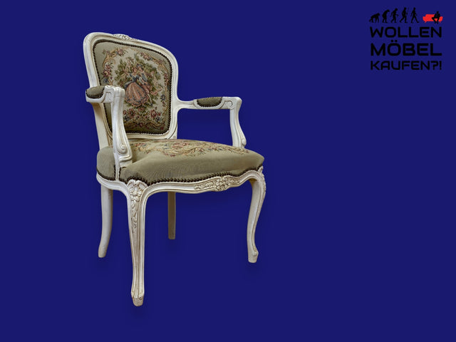 WMK I Eleganter und handverzierter weißer Vintage Armlehnstuhl mit floralem Gobelin Bezug I Stuhl Sessel Salonsessel Lesesessel Stilmöbel Barock Chippendale Shabby Chic I Berlin Regensburg Dortmund