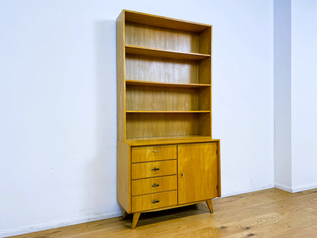 WMK # Hochwertiger & gut erhaltener heller Mid-Century Bücherschrank von Musterring aus vollem Holz mit Schubladen & Messinggriffen # Bücherregal Regal Kommode Sideboard Wohnzimmerschrank 60er Vintage