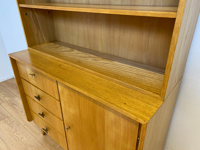 WMK # Hochwertiger & gut erhaltener heller Mid-Century Bücherschrank von Musterring aus vollem Holz mit Schubladen & Messinggriffen # Bücherregal Regal Kommode Sideboard Wohnzimmerschrank 60er Vintage