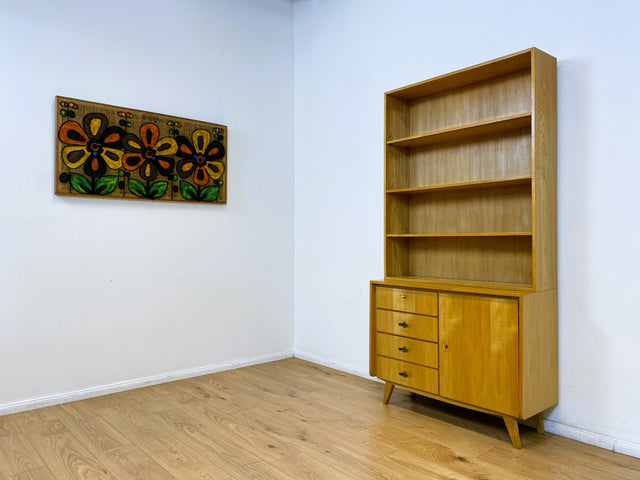 WMK # Hochwertiger & gut erhaltener heller Mid-Century Bücherschrank von Musterring aus vollem Holz mit Schubladen & Messinggriffen # Bücherregal Regal Kommode Sideboard Wohnzimmerschrank 60er Vintage