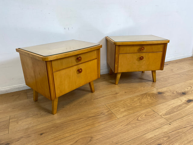 WMK I 1/2 Formschöner heller Mid-Century Nachtisch mit Schublade, Klappe & Glasauflage I Nachtschrank Nachtkommode Nachtschränkchen Kommode Beistelltisch 50er 60er Retro Vintage Berlin Bremen Saarland