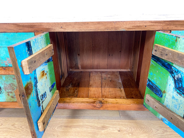 Boatwood by WMK # Bunterschönes & nachhaltiges Sideboard aus altem Bootsholz, ein handgefertigtes Unikat aus massivem Teakholz # Kommode Anrichte TV-Bank TV-Lowboard Fernsehkommode Bootsmöbel Teak