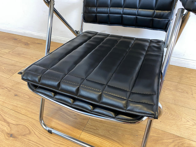WMK I Hochwertiger italienischer 70er Jahre Designer Klappstuhl von Maule Marga in schwarzem Skai auf Chrom I Klappsessel Sessel Stuhl Liege Relax Sonnenliege Sun Chair Kunst Leder Space Age Vintage