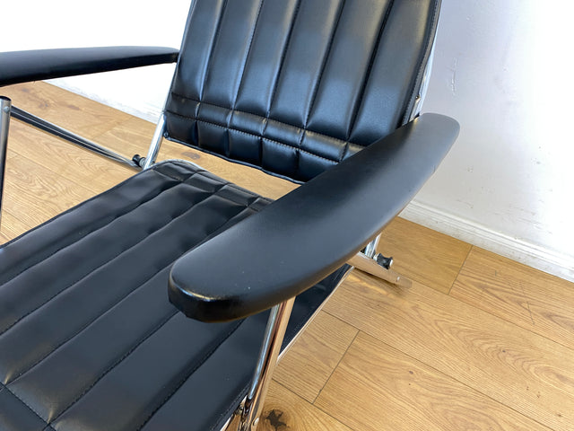 WMK I Hochwertiger italienischer 70er Jahre Designer Klappstuhl von Maule Marga in schwarzem Skai auf Chrom I Klappsessel Sessel Stuhl Liege Relax Sonnenliege Sun Chair Kunst Leder Space Age Vintage