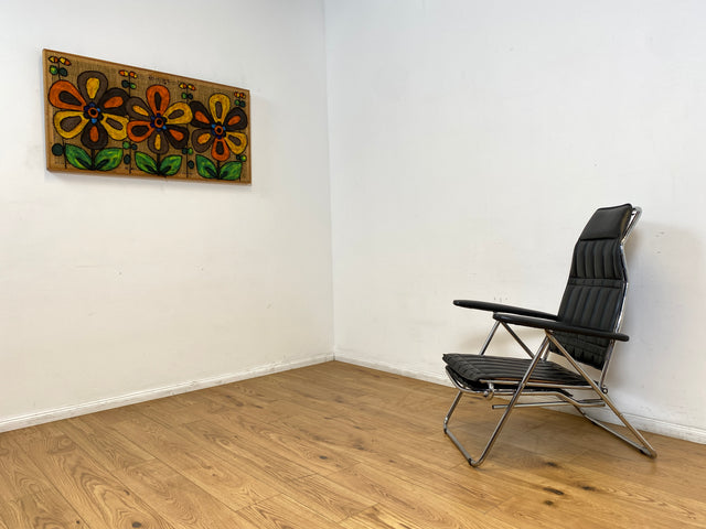 WMK I Hochwertiger italienischer 70er Jahre Designer Klappstuhl von Maule Marga in schwarzem Skai auf Chrom I Klappsessel Sessel Stuhl Liege Relax Sonnenliege Sun Chair Kunst Leder Space Age Vintage