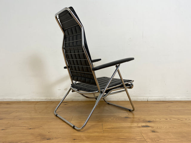 WMK I Hochwertiger italienischer 70er Jahre Designer Klappstuhl von Maule Marga in schwarzem Skai auf Chrom I Klappsessel Sessel Stuhl Liege Relax Sonnenliege Sun Chair Kunst Leder Space Age Vintage