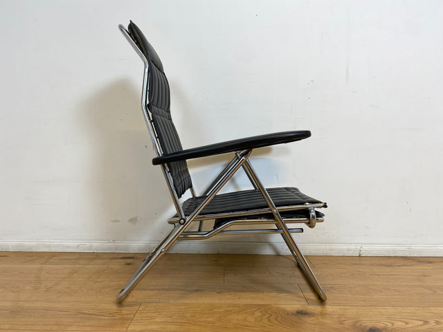 WMK I Hochwertiger italienischer 70er Jahre Designer Klappstuhl von Maule Marga in schwarzem Skai auf Chrom I Klappsessel Sessel Stuhl Liege Relax Sonnenliege Sun Chair Kunst Leder Space Age Vintage