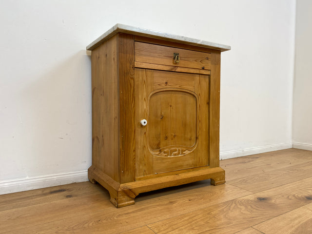 WMK Hübsche kleine dänische antike Kommode aus vollem Holz mit Marmor Auflage, Schublade und Messinggriffen # Marmorkommode Flurkommode Waschtisch Ablage Wickelkommode Weichholz Jugendstil Vintage
