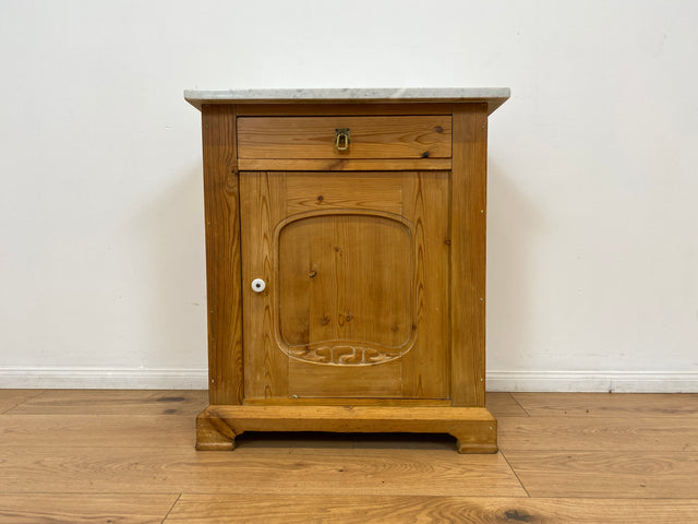 WMK Hübsche kleine dänische antike Kommode aus vollem Holz mit Marmor Auflage, Schublade und Messinggriffen # Marmorkommode Flurkommode Waschtisch Ablage Wickelkommode Weichholz Jugendstil Vintage
