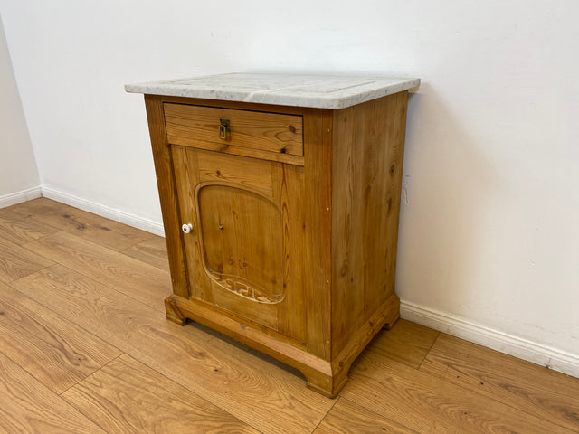 WMK Hübsche kleine dänische antike Kommode aus vollem Holz mit Marmor Auflage, Schublade und Messinggriffen # Marmorkommode Flurkommode Waschtisch Ablage Wickelkommode Weichholz Jugendstil Vintage