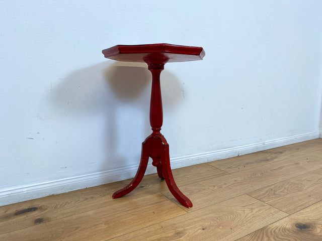 WMK # Wunderschöner und gut erhaltener kleiner runder skandinavischer Stilmöbel Beistelltisch in Rot mit floralem Bild handbemalt # Tischchen Couchtisch Ablage Blumentisch Blumensäule Vintage 60er