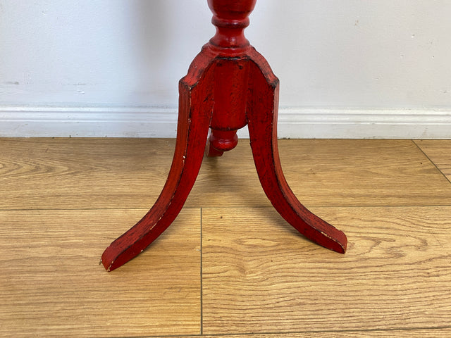 WMK # Wunderschöner und gut erhaltener kleiner runder skandinavischer Stilmöbel Beistelltisch in Rot mit floralem Bild handbemalt # Tischchen Couchtisch Ablage Blumentisch Blumensäule Vintage 60er