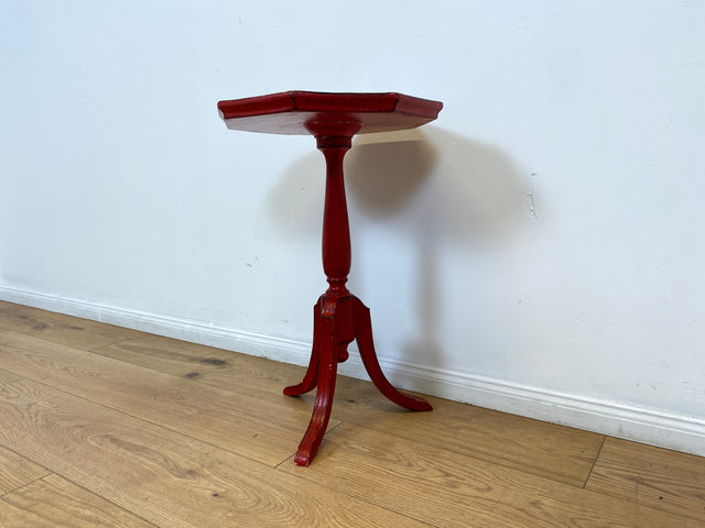 WMK # Wunderschöner und gut erhaltener kleiner runder skandinavischer Stilmöbel Beistelltisch in Rot mit floralem Bild handbemalt # Tischchen Couchtisch Ablage Blumentisch Blumensäule Vintage 60er