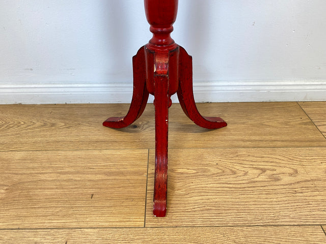 WMK # Wunderschöner und gut erhaltener kleiner runder skandinavischer Stilmöbel Beistelltisch in Rot mit floralem Bild handbemalt # Tischchen Couchtisch Ablage Blumentisch Blumensäule Vintage 60er