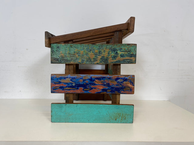 Boatwood by WMK # 1/3 Einzigartiges kleines Weinregal für 6 Flaschen, ein aus altem Bootsholz handgefertigtes Unikat aus massivem Teakholz  # Flaschenregal Wine Rack Flaschenständer Weinschrank Gastro