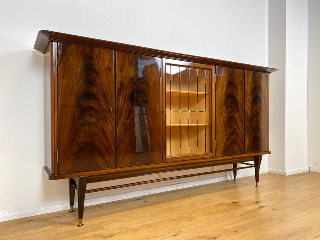 WMK I Besonders schöner dunkler & langer Mid-Century Wohnzimmerschrank mit Vitrine, Bar & Schubladen I Schrank Highboard Sideboard Anrichte Vintage 50er 6er Rockabilly Berlin Leipzig Stuttgart Bremen