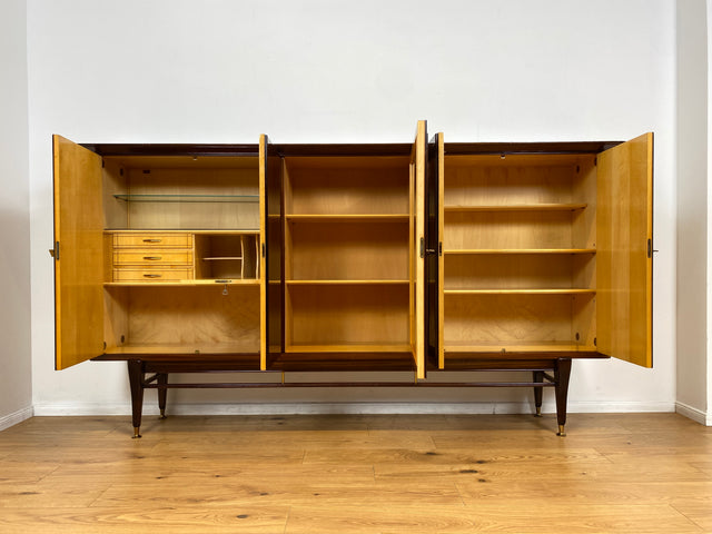 WMK I Besonders schöner dunkler & langer Mid-Century Wohnzimmerschrank mit Vitrine, Bar & Schubladen I Schrank Highboard Sideboard Anrichte Vintage 50er 6er Rockabilly Berlin Leipzig Stuttgart Bremen