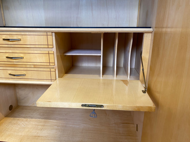 WMK I Besonders schöner dunkler & langer Mid-Century Wohnzimmerschrank mit Vitrine, Bar & Schubladen I Schrank Highboard Sideboard Anrichte Vintage 50er 6er Rockabilly Berlin Leipzig Stuttgart Bremen