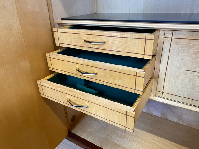 WMK I Besonders schöner dunkler & langer Mid-Century Wohnzimmerschrank mit Vitrine, Bar & Schubladen I Schrank Highboard Sideboard Anrichte Vintage 50er 6er Rockabilly Berlin Leipzig Stuttgart Bremen