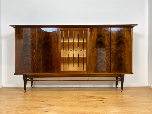 WMK I Besonders schöner dunkler & langer Mid-Century Wohnzimmerschrank mit Vitrine, Bar & Schubladen I Schrank Highboard Sideboard Anrichte Vintage 50er 6er Rockabilly Berlin Leipzig Stuttgart Bremen