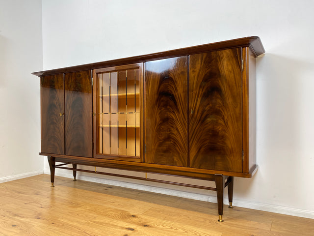 WMK I Besonders schöner dunkler & langer Mid-Century Wohnzimmerschrank mit Vitrine, Bar & Schubladen I Schrank Highboard Sideboard Anrichte Vintage 50er 6er Rockabilly Berlin Leipzig Stuttgart Bremen