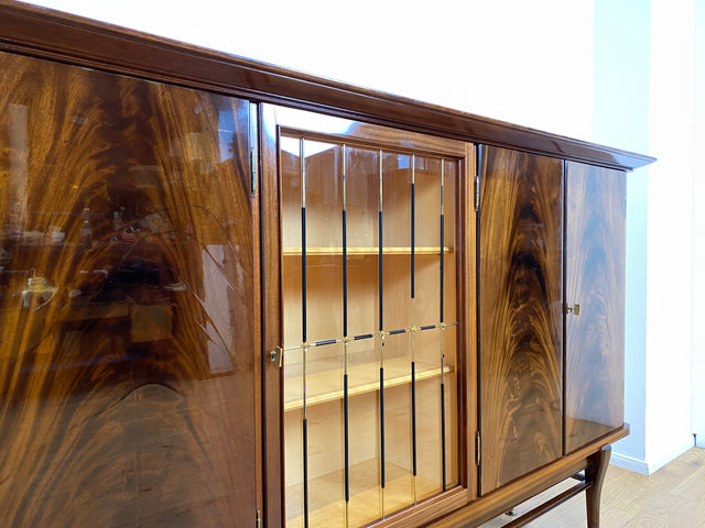 WMK I Besonders schöner dunkler & langer Mid-Century Wohnzimmerschrank mit Vitrine, Bar & Schubladen I Schrank Highboard Sideboard Anrichte Vintage 50er 6er Rockabilly Berlin Leipzig Stuttgart Bremen