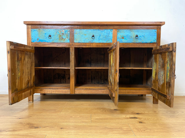 Boatwood by WMK I Einzigartiges meeresblaues Sideboard handgefertigt aus altem Bootsholz I Teakholz massiv I Schrank Kommode Anrichte Büfett Buffet Wäschekommode Fernsehkommode Berlin Dresden Bochum