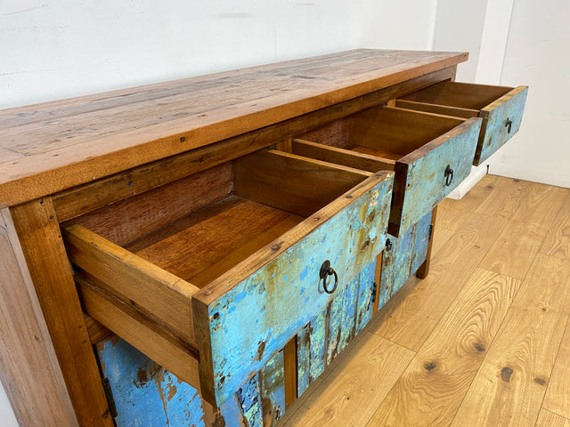 Boatwood by WMK I Einzigartiges meeresblaues Sideboard handgefertigt aus altem Bootsholz I Teakholz massiv I Schrank Kommode Anrichte Büfett Buffet Wäschekommode Fernsehkommode Berlin Dresden Bochum