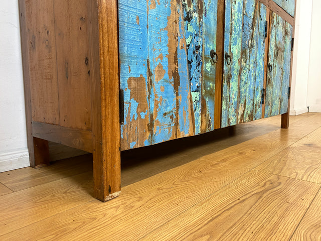 Boatwood by WMK I Einzigartiges meeresblaues Sideboard handgefertigt aus altem Bootsholz I Teakholz massiv I Schrank Kommode Anrichte Büfett Buffet Wäschekommode Fernsehkommode Berlin Dresden Bochum