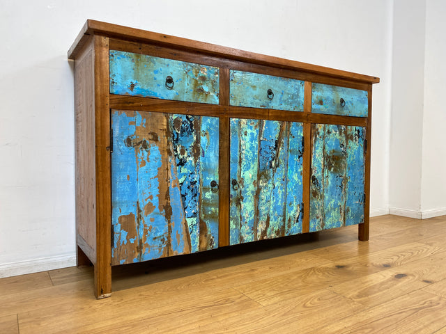 Boatwood by WMK I Einzigartiges meeresblaues Sideboard handgefertigt aus altem Bootsholz I Teakholz massiv I Schrank Kommode Anrichte Büfett Buffet Wäschekommode Fernsehkommode Berlin Dresden Bochum