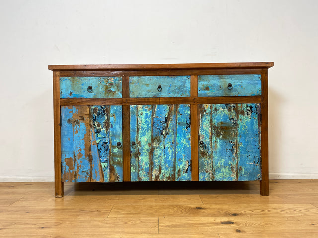 Boatwood by WMK I Einzigartiges meeresblaues Sideboard handgefertigt aus altem Bootsholz I Teakholz massiv I Schrank Kommode Anrichte Büfett Buffet Wäschekommode Fernsehkommode Berlin Dresden Bochum