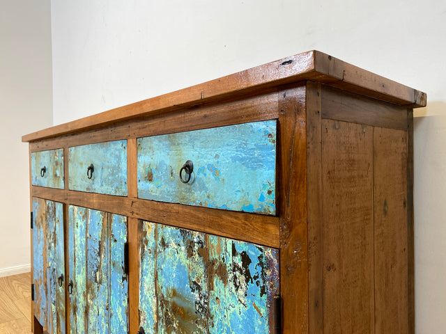 Boatwood by WMK I Einzigartiges meeresblaues Sideboard handgefertigt aus altem Bootsholz I Teakholz massiv I Schrank Kommode Anrichte Büfett Buffet Wäschekommode Fernsehkommode Berlin Dresden Bochum