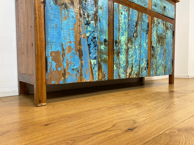 Boatwood by WMK I Einzigartiges meeresblaues Sideboard handgefertigt aus altem Bootsholz I Teakholz massiv I Schrank Kommode Anrichte Büfett Buffet Wäschekommode Fernsehkommode Berlin Dresden Bochum