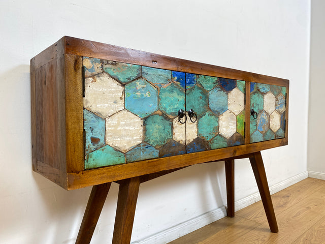 Boatwood by WMK # Detailreiche und nachhaltige Kommode aus altem Bootsholz, ein handgefertigtes Unikat aus massivem Teakholz # Sideboard Flurkommode Schrank Anrichte Konsole TV Bank Bootsmöbel Teak