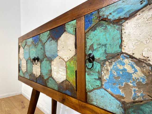 Boatwood by WMK # Detailreiche und nachhaltige Kommode aus altem Bootsholz, ein handgefertigtes Unikat aus massivem Teakholz # Sideboard Flurkommode Schrank Anrichte Konsole TV Bank Bootsmöbel Teak