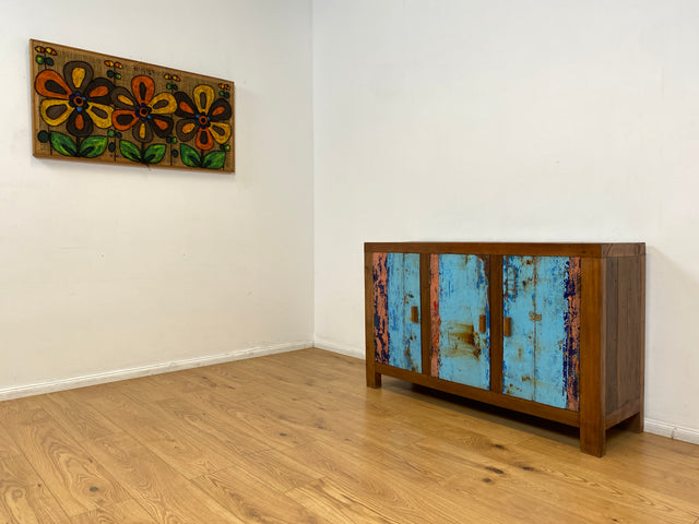 Boatwood by WMK I Einzigartiges & nachhaltiges Sideboard in Meeresblau I handmade Unikat aus altem Bootsholz I Teakholz massiv I Kommode Schrank Anrichte Wäschekommode Bootsmöbel Berlin Usedom München
