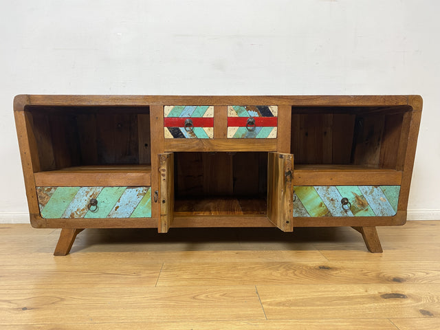 Boatwood by WMK I Formschönes nachhaltiges TV Lowboard mit Schubladen I handgefertigtes Unikat aus altem Bootsholz I Teakholz massiv I Sideboard Kommode Bank Rack Fernsehkommode Berlin Rostock Bayern