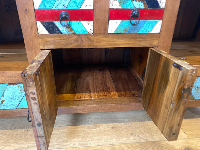 Boatwood by WMK I Formschönes nachhaltiges TV Lowboard mit Schubladen I handgefertigtes Unikat aus altem Bootsholz I Teakholz massiv I Sideboard Kommode Bank Rack Fernsehkommode Berlin Rostock Bayern